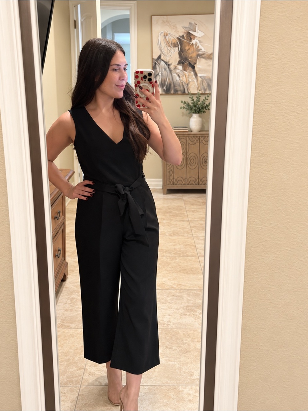 Vince Camuto Black V-Neck Tie-Waist Jumpsuit